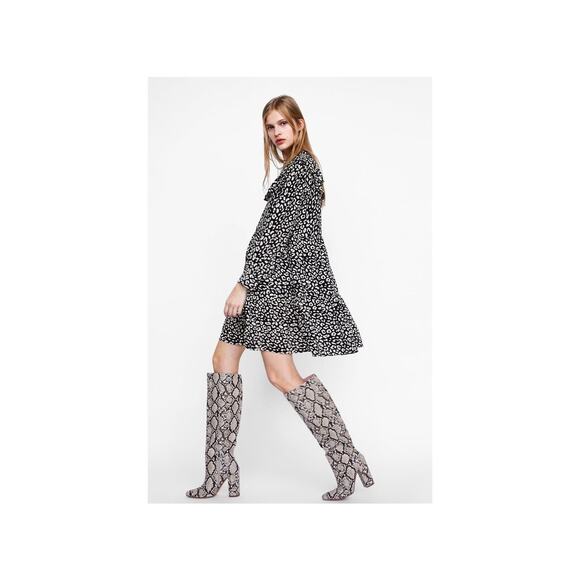 ZARA Black Cream Leopard Animal Print Long Sleeve Ruffle Mini A-line Dress XS - Picture 2 of 8